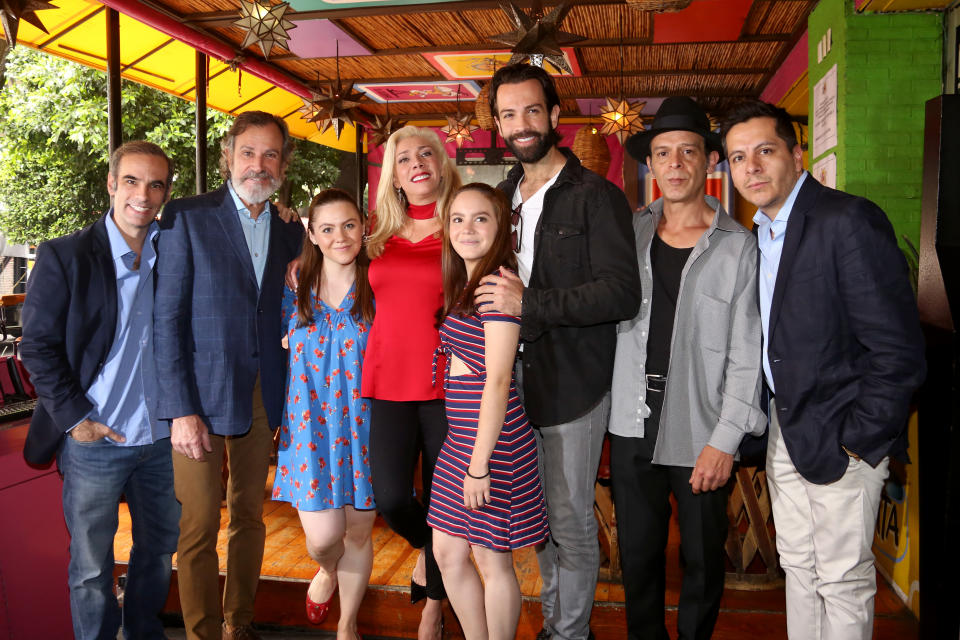 MEXICO CITY, MEXICO - JUNE 25: Alejandro Herrera, Ricardo Silva, Patty Larrañaga, Cynthia Klitbo, Patty Larrañaga, Diego de Erice, and Juan Manuel Pernas poses for photos during the press conference for the play 'The Exorcist' ('El Exorcista' in Spanish) on June 25, 2019 in Mexico City, Mexico. (Photo by Adrián Monroy/Medios y Media/Getty Images)