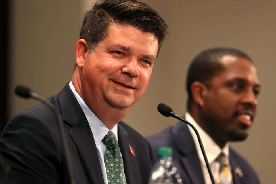 Democratic Gubernatorial Candidate Dr. Jason Martin speaks during a forum at the Watkins Auditorium inside the Boling University Center at the University of Tennessee at Martin on Thursday, June 9, 2022. JB Smiley can be seen in the background.