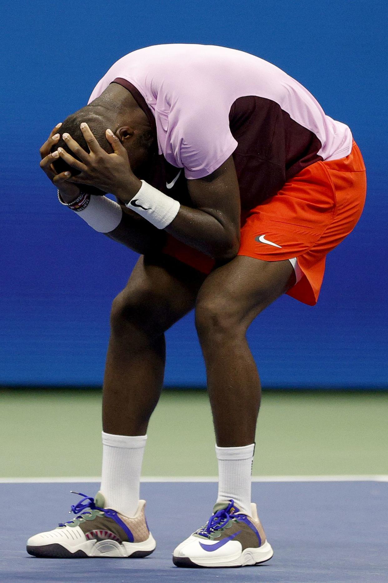 Frances Tiafoe of the United States reacts after defeating Rafael Nadal of Spain during their Men’s Singles Fourth Round match on Day Eight of the 2022 U.S. Open at USTA Billie Jean King National Tennis Center on Sept. 5, 2022, in Flushing, Queens.