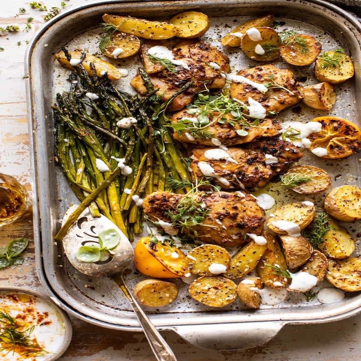 Sheet pan chicken and potatoes with Feta dressing.