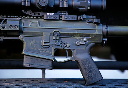 A detailed view of the trigger assembly, markings and finish of the fully assembled 6.5 Creedmoor rifle at Spike's Tactical LLC, a gunmaker in Apopka, Florida, U.S. December 10, 2018. REUTERS/Gregg Newton