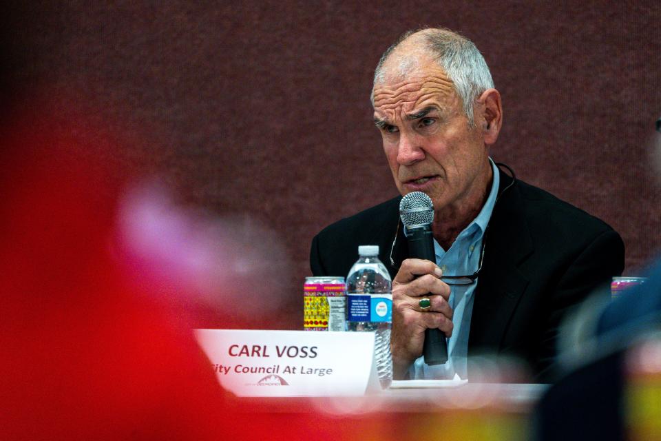 Carl Voss speaks during a Des Moines City Council forum hosted by the Des Moines NAACP chapter at Corinthian Baptist Church on Tuesday, October 17, 2023 in Des Moines.