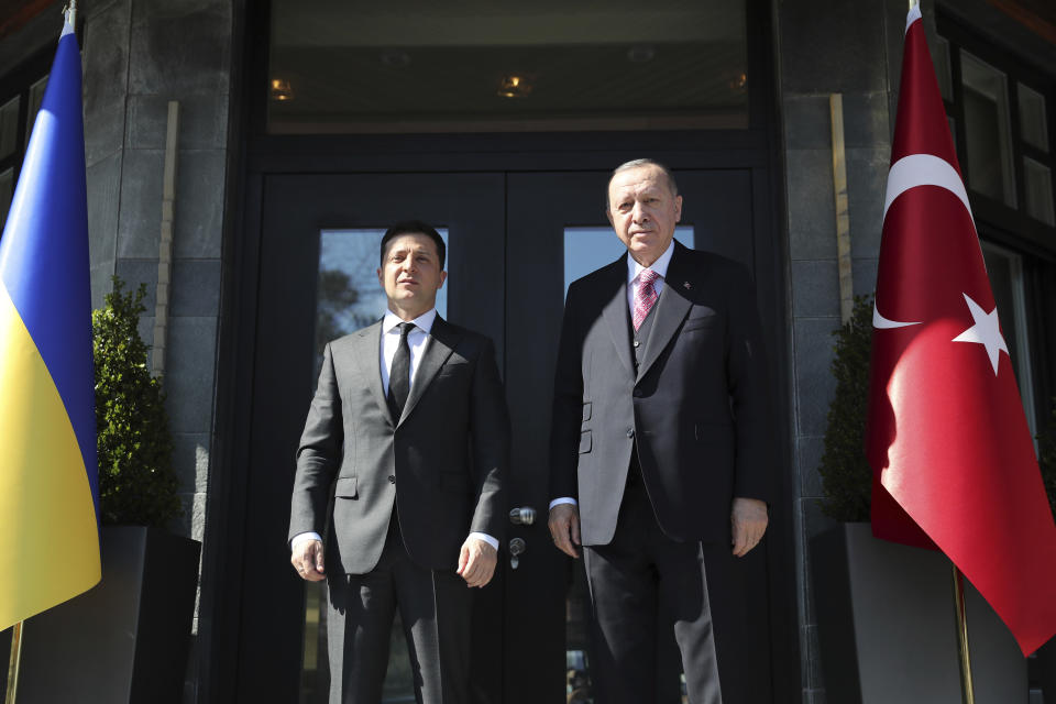 Turkey's President Recep Tayyip Erdogan, right, pose for photographs with Ukrainian President Volodymyr Zelenskyy, prior to their meeting in Istanbul, Saturday, April 10, 2021. Zelenskyy's visit to Turkey comes amid renewed tensions in eastern Ukraine, where Ukrainian forces and Russia-backed separatists have been fighting since 2014. (Turkish Presidency Pool via AP,)