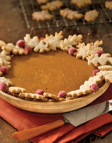 Pumpkin Pie with Autumn Leaves