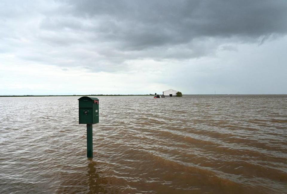 A mailbox is seen along Dairy Avenue, about 4 miles south of Corcoran where flooding is re-creating the historic Tulare Lake. Photographed Wednesday, March 22, 2023 near Corcoran, California.