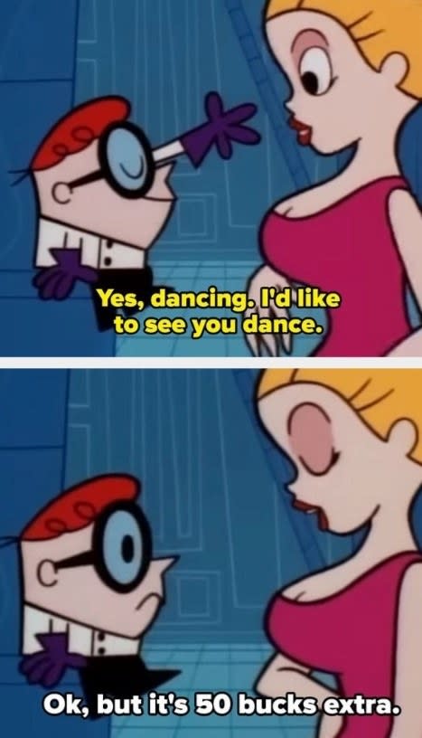 Dexter asks his assistant to dance for him and she demands 50 dollars