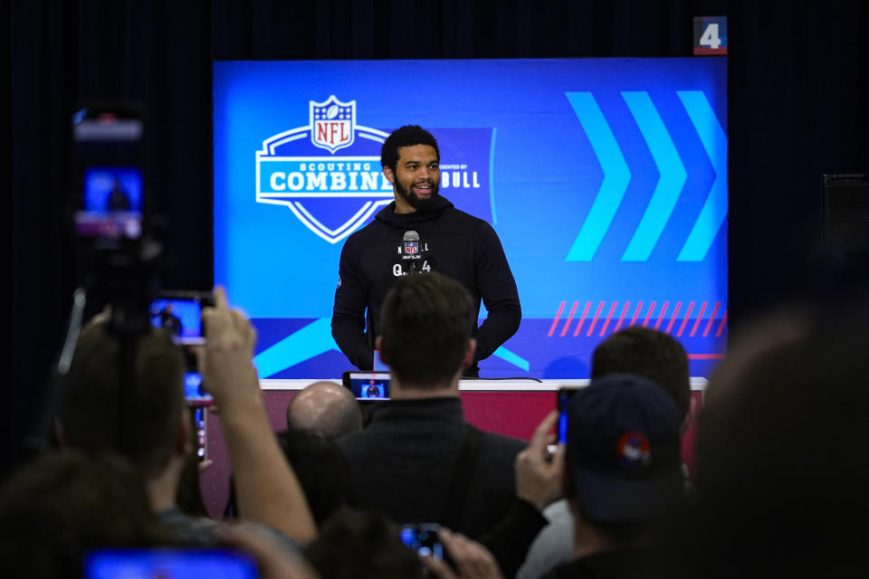 Southern California quarterback Caleb Williams speaks during a press conference at the NFL football scouting combine in Indianapolis, Friday, March 1, 2024. (AP Photo/Michael Conroy)