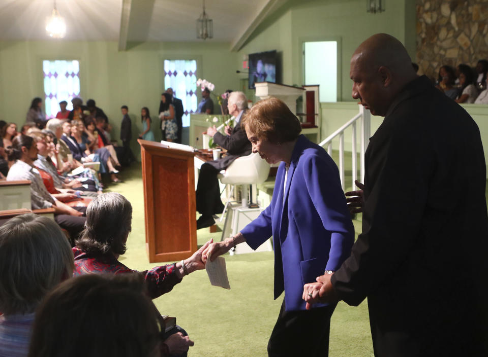 Rosalynn Carter arrives as President Jimmy Carter returns to Maranatha Baptist Church to teach Sunday School less than a month after falling and breaking his hip on Sunday, June 9, 2019, in Plains, Ga. (Curtis Compton/Atlanta Journal-Constitution via AP)