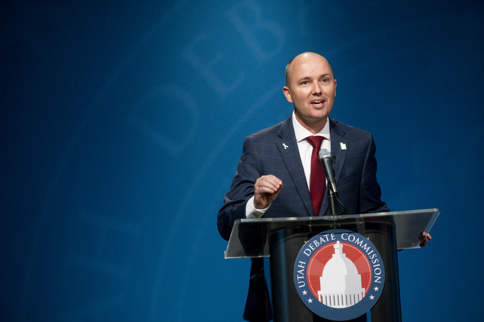 In this Monday, June 1, 2020, photo, Utah Lt. Gov. Spencer Cox speaks during the Utah Gubernatorial Republican Primary Debate, in Salt Lake City. Cox, known for his earnest grin and quirky Twitter feed, argued that he's been doing his job by leading the state's coronavirus task force. He touted the approach of his boss, Republican Gov. Gary Herbert, who made his stay-home order voluntary and moved early to reopen the economy. "We've done it ... as well or better than any other state in this nation," he said. (Ivy Ceballo/Deseret News, via AP, Pool)