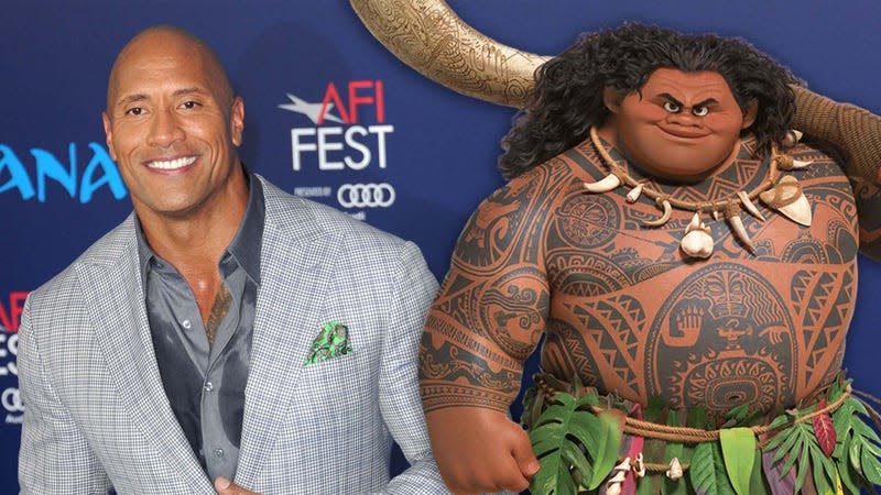 A photo shows Dwayne Johnson standing next to Maui from Moana. 