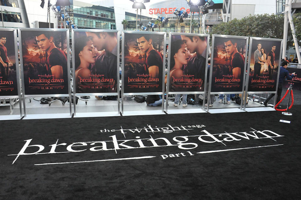 movie posters lined up at the "Breaking Dawn:Part 1" premiere