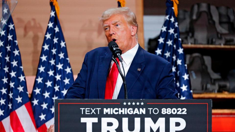 PHOTO: Former President Donald Trump speaks during a rally, Sept. 27, 2023, in Clinton Township, Mich. (Mike Mulholland/AP)