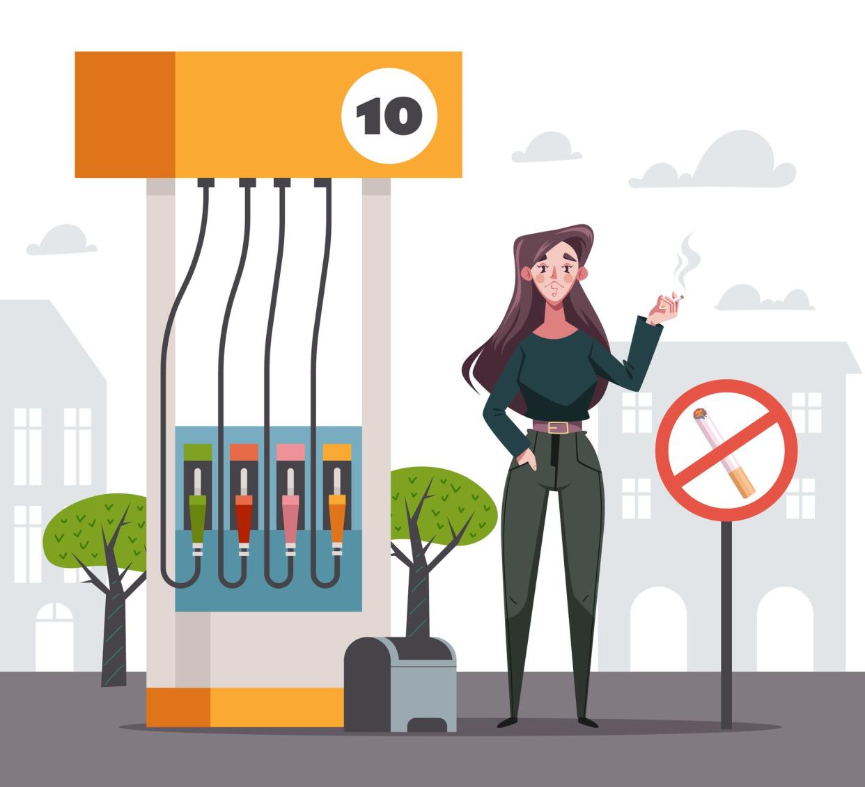 People characters smoking on gas station. Stop smoking banner design element vector illustration