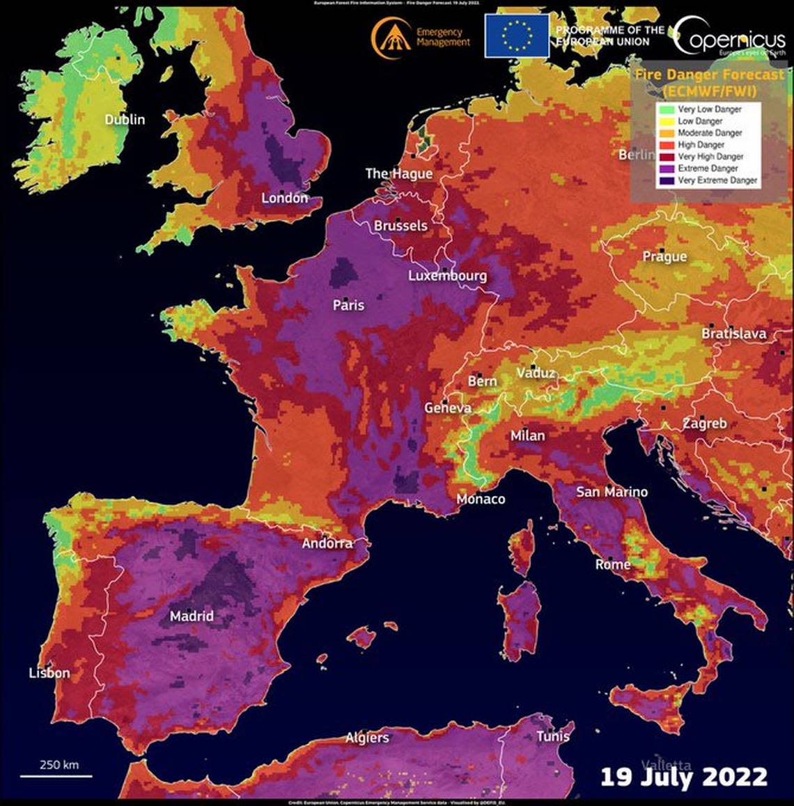 The Copernicus wildfire forecast for July 19 shows “Very Extreme Danger,” the highest level of fire risk, for much of western Europe.