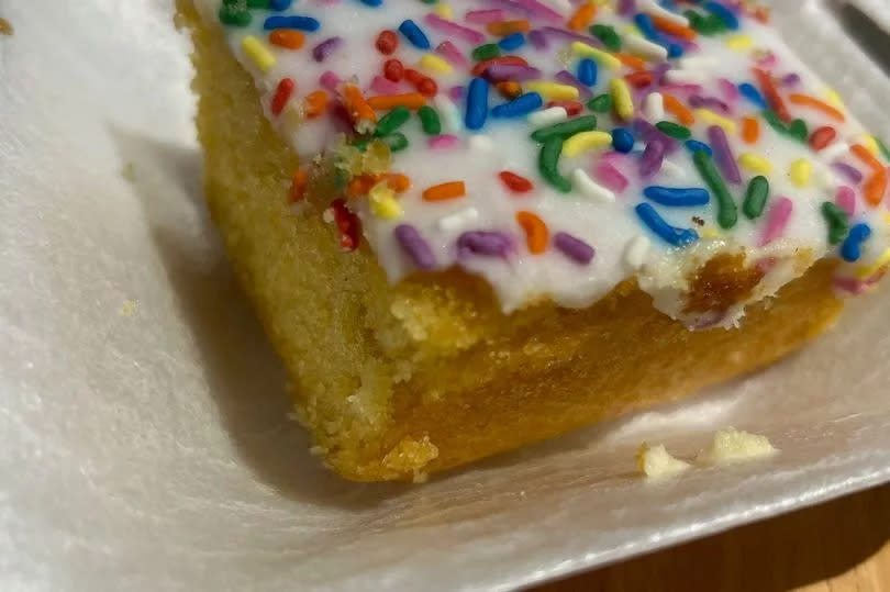 The old school cake sits alongside jammy dodger blondies, carrot cakes and brownies at Sykes