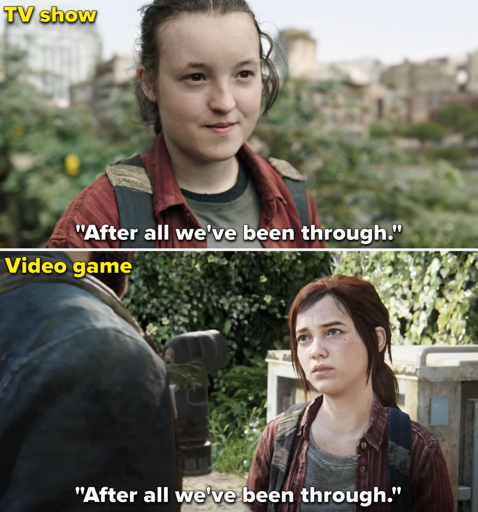 Side-by-side screenshots from "The Last of Us" movie and game