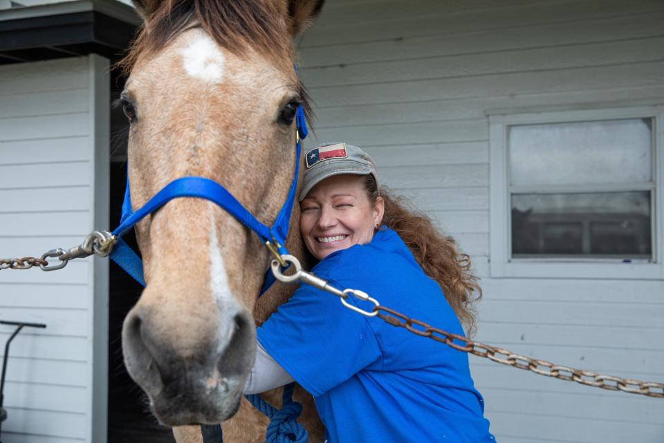 April Bass hugs Jake, a buckskin colored horse, at Glenoak Therapeutic Riding Center while volunteering on behalf of TAMUCC on Tuesday, Nov. 28, 2023, in Corpus Christi, Texas.