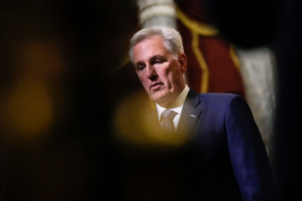  Speaker of the House Kevin McCarthy (R-CA) speaks to reporters in Statuary Hall . 