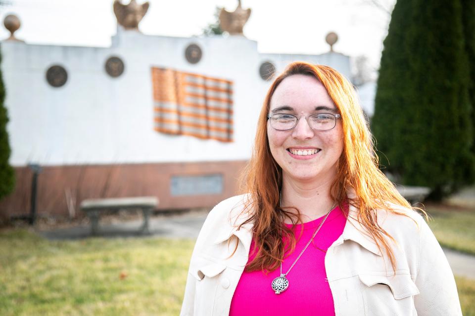 Jammie Bradshaw, Johnson County Board of Supervisors candidate, poses for a photo, Friday, April 1, 2022, in Oxford, Iowa.