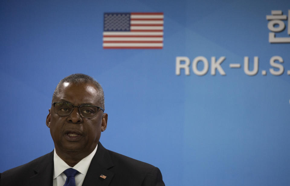 U.S. Secretary of Defense Lloyd Austin speaks with South Korean Defense Minister Lee Jong-sup (not pictured) during a joint press conference after their meeting at the Defense Ministry in Seoul, South Korea, Tuesday, Jan. 31, 2023. (Jeon Heon-kyun/Pool Photo via AP)