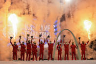 Members of the US Men's Olympic Gymnastic Team and alternates stand on stage after the conclusion of the men's U.S. Olympic Gymnastics Trials Saturday, June 26, 2021, in St. Louis. (AP Photo/Jeff Roberson)