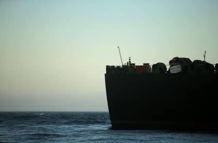 Iranian oil tanker Adrian Darya 1, previously named Grace 1, sits anchored without the Iranian flag after it was raised on the mast, after the Supreme Court of the British territory lifted its detention order, in the Strait of Gibraltar, Spain