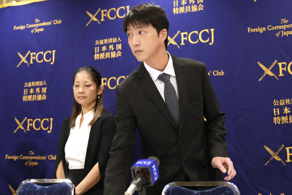 Taiwanese table tennis player Chiang Hung-chieh, former husband of Ai Fukuhara, Japanese table tennis star, arrives for a news conference at the Foreign Correspondents' Club of Japan (FCCJ) in Tokyo, Japan, Thursday, July 27, 2023. Japan’s once beloved table tennis star Ai Fukuhara is at the center of a child custody feud following the break-up of her marriage to a Taiwanese player who was also a star in the sport in his country. (AP Photo/Shuji Kajiyama)