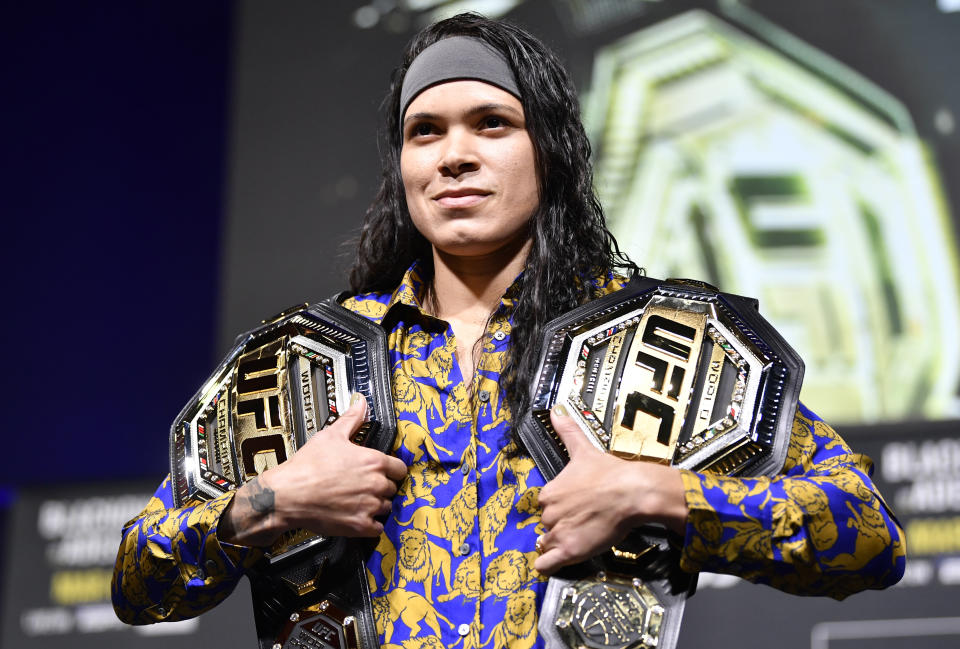 LAS VEGAS, NEVADA - MARCH 04: Amanda Nunes of Brazil poses during the UFC 259 press conference at UFC APEX on March 04, 2021 in Las Vegas, Nevada. (Photo by Chris Unger/Zuffa LLC)