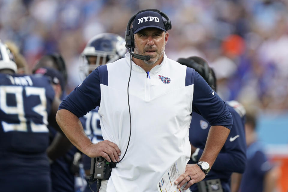 Tennessee Titans head coach Mike Vrabel watches during the second half of an NFL football game against the New York Giants Sunday, Sept. 11, 2022, in Nashville. (AP Photo/Mark Humphrey)