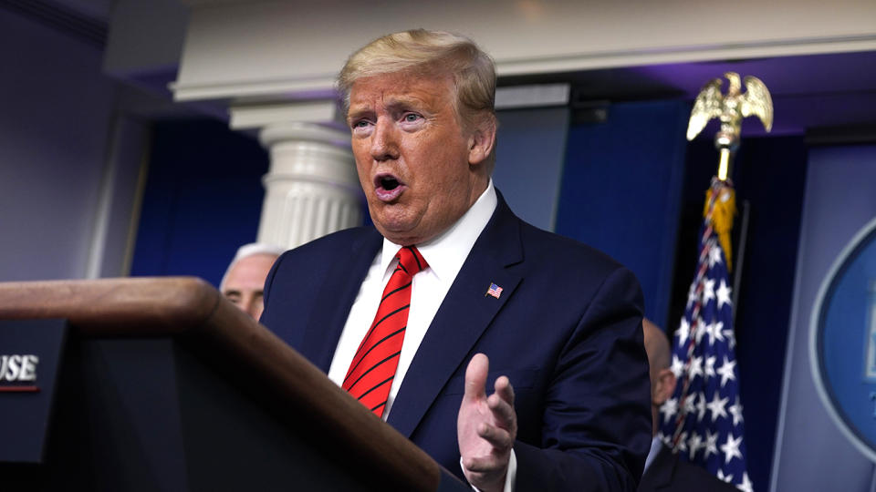 President Trump speaks during press briefing with the coronavirus task force on Thursday. (Evan Vucci/AP)