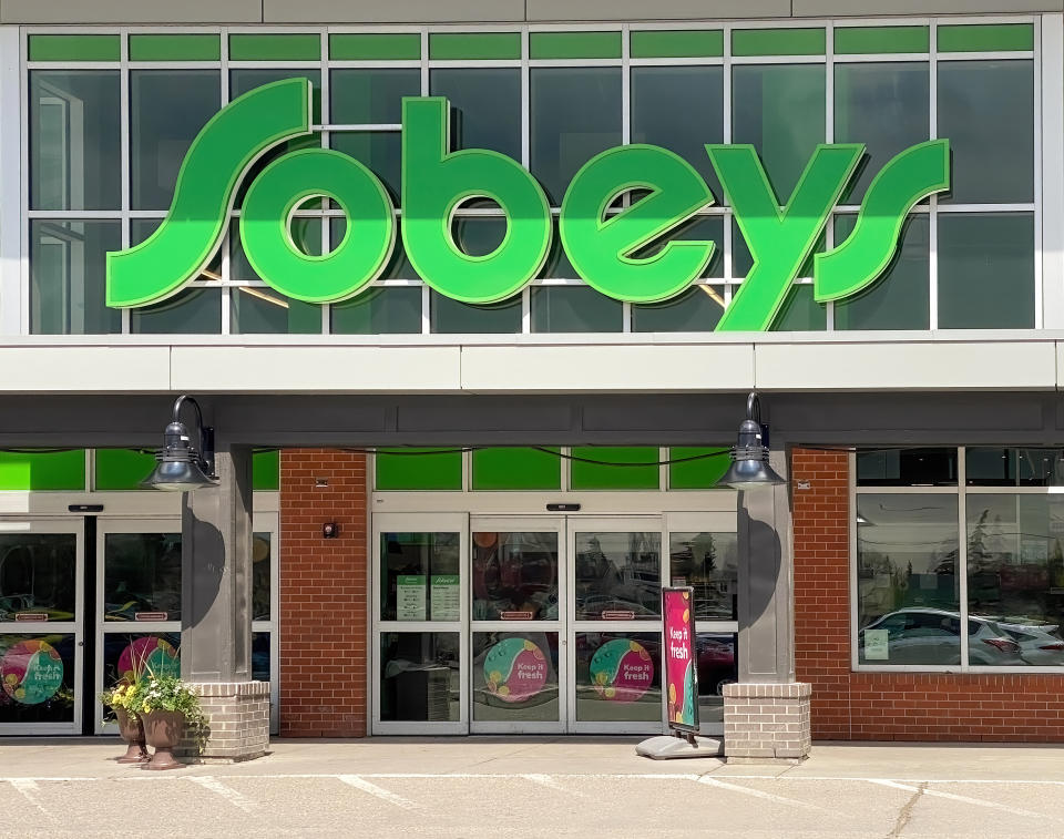 Calgary, Alberta, Canada. May 9, 2023. A Sobeys grocery supermarket main entrance.