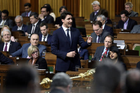 Canada's Prime Minister Justin Trudeau speaks during Question Period in the interim House of Commons in the West Block on Parliament Hill in Ottawa, Ontario, Canada, February 20, 2019. REUTERS/Chris Wattie