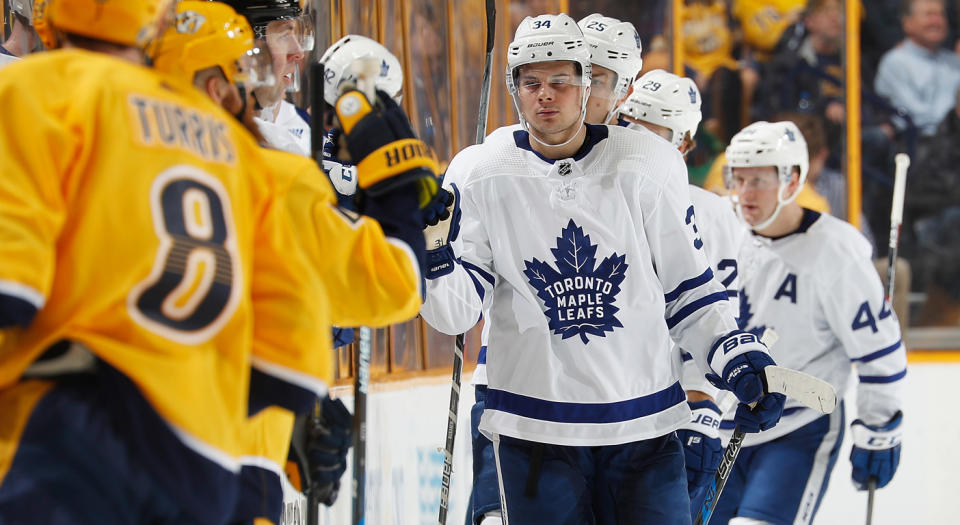 Auston Matthews marked his return with a goal, once again. (Getty)