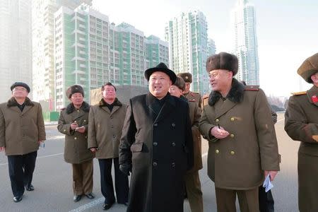 North Korean leader Kim Jong Un inspects the construction site of Ryomyong Street, in this undated photo released by North Korea's Korean Central News Agency (KCNA) on January 26, 2017. KCNA via REUTERS/Files