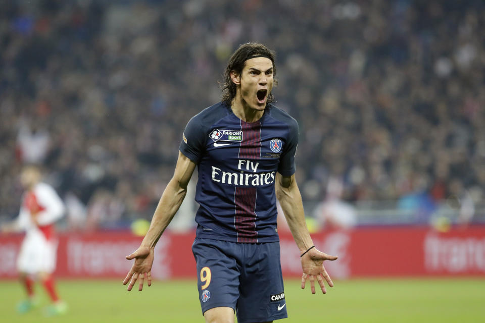 PSG's Roberto Edinson Cavani reacts during the League Cup final soccer match between PSG and Monaco in Decines, near Lyon, central France, Saturday, April 1, 2017. (AP Photo/Laurent Cipriani)