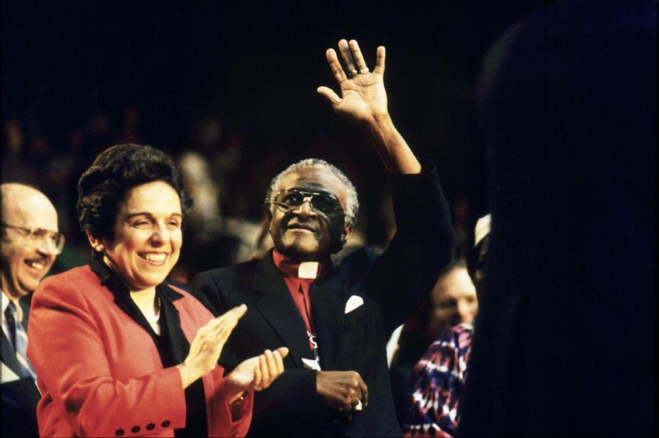 Then-UW-Madison Chancellor Donna Shalala joined Archbishop Desmond Tutu in 1988 for a speech at the UW Field House. The event drew a crowd of nearly 12,000 people.