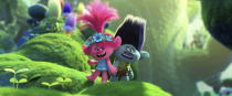 This image released by DreamWorks Animation shows characters Branch, voiced by Justin Timberlake, right, and Poppy, voiced by Anna Kendrick in a scene from "Trolls World Tour." Most new movies that were headed to theaters have been postponed due to the pandemic. But this Universal Pictures release is heading straight to on-demand and digital rental beginning Friday. (DreamWorks Animation via AP)