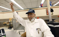 FILE - In this July 19, 2018, file photo, civil rights movement activist James Meredith, right, greets a friend with a black power salute as he takes a coffee break at a north Jackson, Miss., grocery store. "Walk Against Fear: James Meredith," scheduled to air Thursday, Oct. 1, 2020, on the Smithsonian Channel, examines the life of a U.S. Air Force veteran-turn-human right agitator whose admission into the University of Mississippi forced President John F. Kennedy to send federal troops into the state to quell a white supremacy uprising. It was one of the most violent moments of the Civil Rights Movement and it forever changed life in the American Deep South. (AP Photo/Rogelio V. Solis, File)