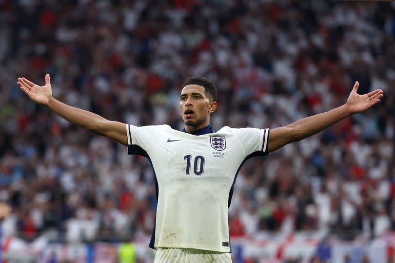 Jude Bellingham celebrates scoring during the UEFA EURO 2024 round of 16 match between England and Slovakia.