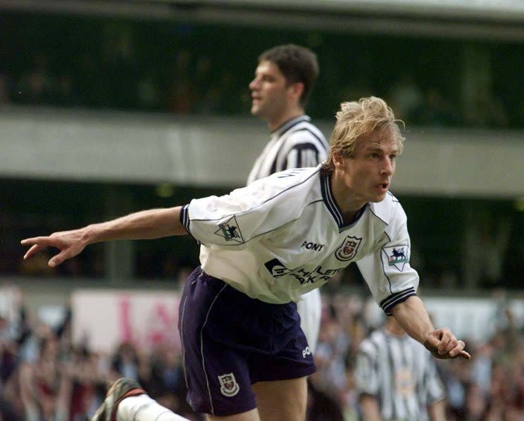 Jurgen Klinsman celebrates Spurs’ first goal during the FA Carling Premiership match against Newcastle at White Hart Lane in 1998. Photo by Adam Butler/PA.