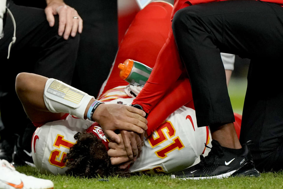 Kansas City Chiefs quarterback Patrick Mahomes (15) missed two games after an October knee injury. (AP Photo/Jack Dempsey)