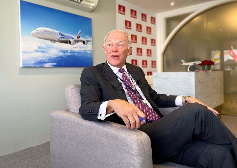 FILE PHOTO: Emirates airline President Tim Clark talks to reporters at the Dubai Airshow, in Dubai