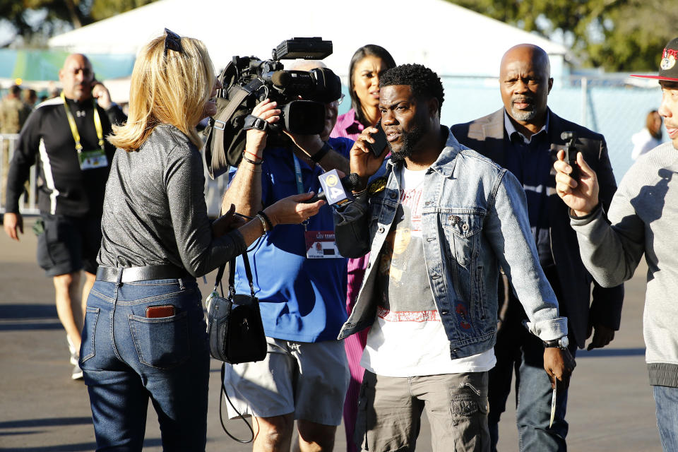 Comedian Kevin Hart talks to press before Super Bowl LIV at Hard Rock Stadium on February 02, 2020 in Miami, Florida. (Photo by Michael Reaves/Getty Images)