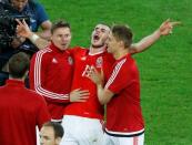 Football Soccer - Wales v Belgium - EURO 2016 - Quarter Final - Stade Pierre-Mauroy, Lille, France - 1/7/16 - Wales' Gareth Bale celebrates with team mates after the match. REUTERS/Charles Platiau