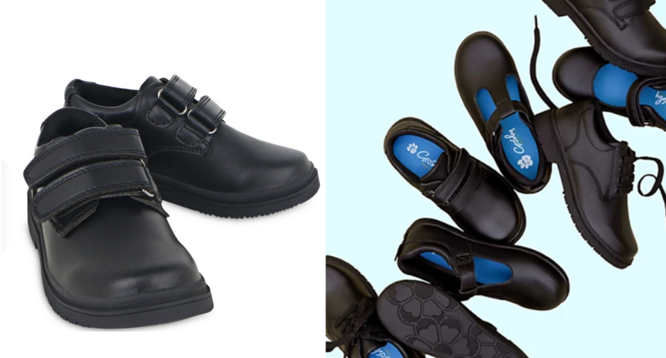 One pair of black children's school shoes (left). Several pairs of school shoes (right).