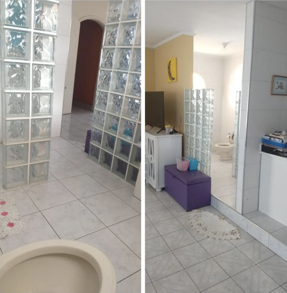 Two bathroom views featuring glass block partitions, tiled floors, sinks, and toilets, visible from room