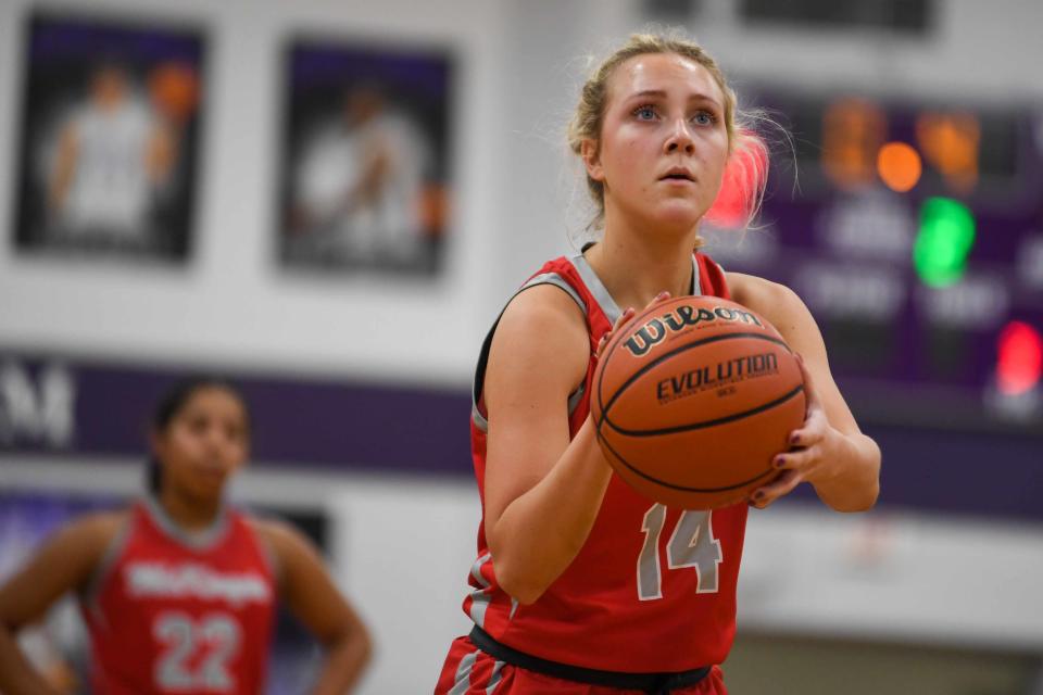 McKenzie's Savannah Davis (14) lines up to take free throws during the TSSAA Girls Basketball match between McKenzie vs Milan in Milan, Tenn., on Tuesday, Feb.6, 2024.