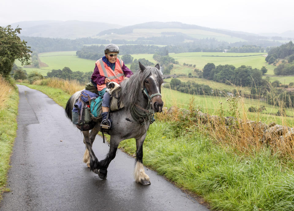 Jane Dotchin, 80, travels from Hexham to the Scottish Highlands with her horse Diamond and Dinky her disabled Jack Russell. (SWNS)