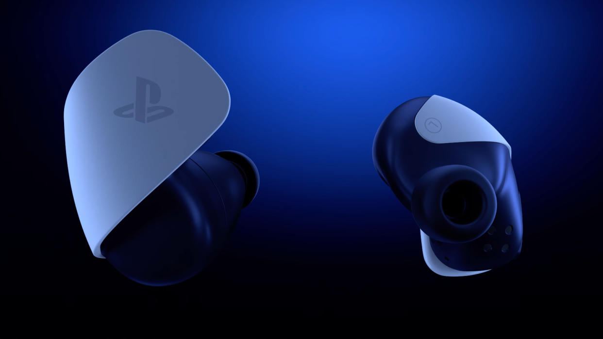  Sony PS5 earbuds on a blue background, in a YouTube clip 