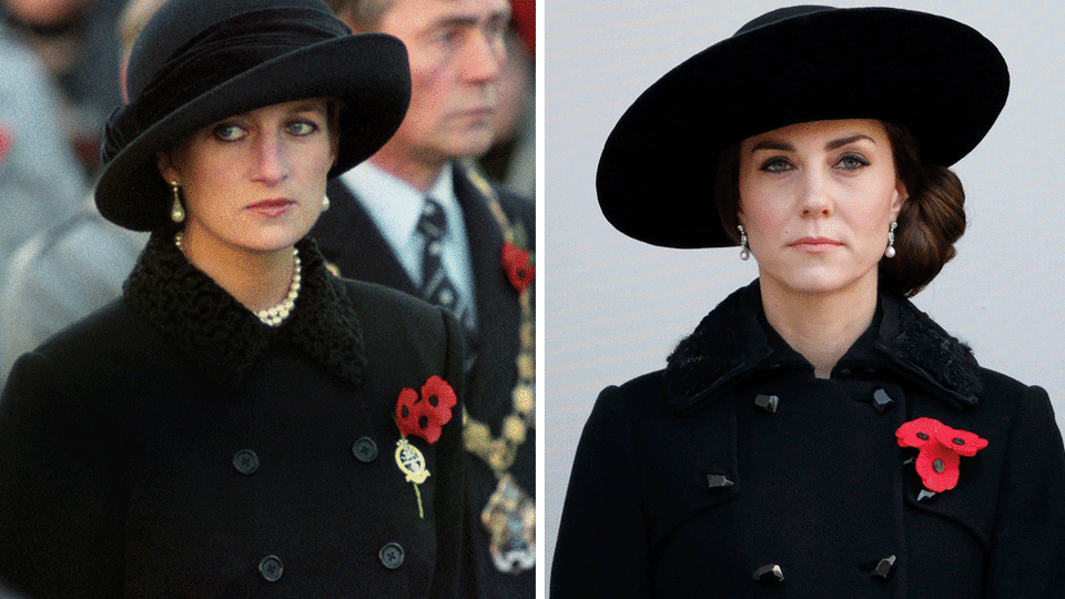 <p>Diana is seen here at a Remembrance Day service in 1993 and in 2016 Kate wore a similar hat and jacket combination. Source: Getty </p>